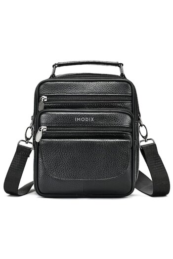 IMODIX Men's Leather Shoulder Bag, IMODIX, 7 Compartments, Adjustable Strap, 21.5x18x9 cm, Black