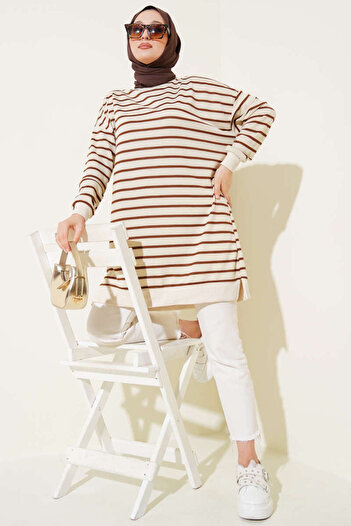 Smymoda Women's Crew Neck Horizontal Striped Tunic