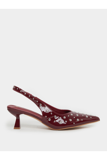 Styli Burgundy Studded Slingback Kitten Heels Shoes