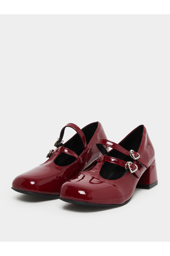 Take Two By Styli Red Patent Mary Jane Shoes with Heart Buckles