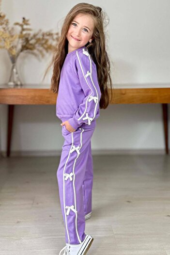 Riccotarz Girl's Lilac Tracksuit Set with Bow Ribbon Detail on Sleeves and Body