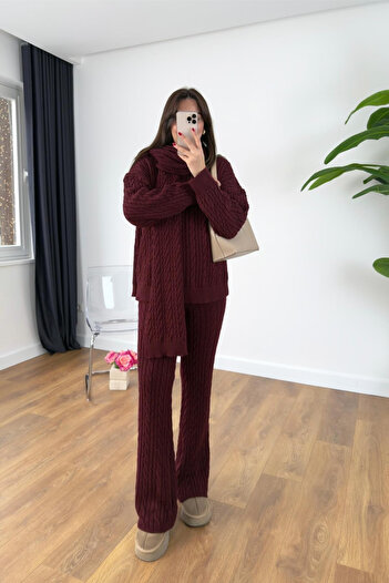 My Blog Burgundy Scarf Sweater Pants Knit Set - 241060