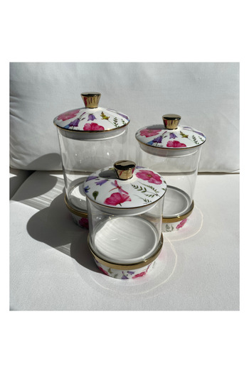 Karma Home Set of 3 Flower Patterned Glass Porcelain Storage Containers – Jar Set with Porcelain Lids and Gold Details
