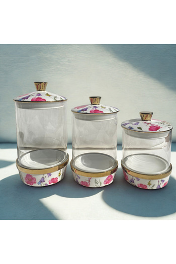 Karma Home Set of 3 Flower Patterned Glass Porcelain Storage Containers – Jar Set with Porcelain Lids and Gold Details