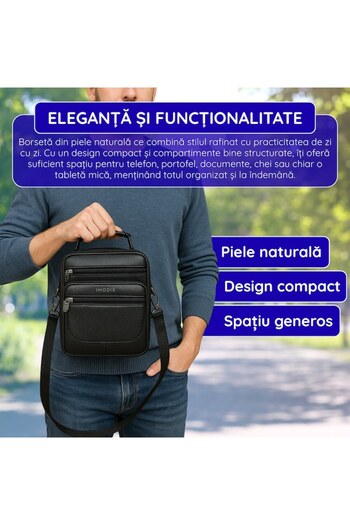 IMODIX Men's Leather Shoulder Bag, IMODIX, 7 Compartments, Adjustable Strap, 21.5x18x9 cm, Black