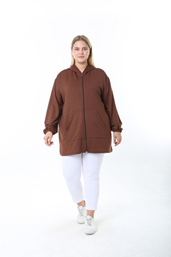 XL Modam Women's Lycra Brown Hooded Plus Size Cardigan