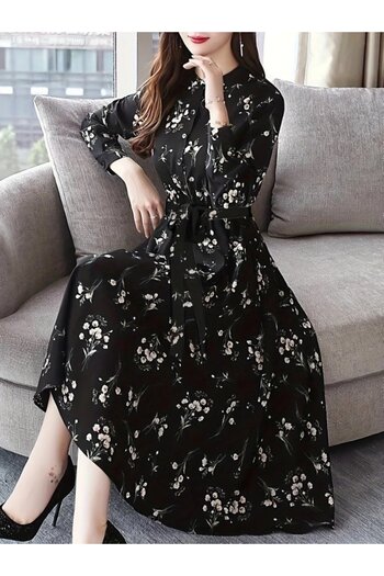 Viyamo New Season Women's Patterned Maxi Dress Long Sleeve High Neck Belted Single Jersey