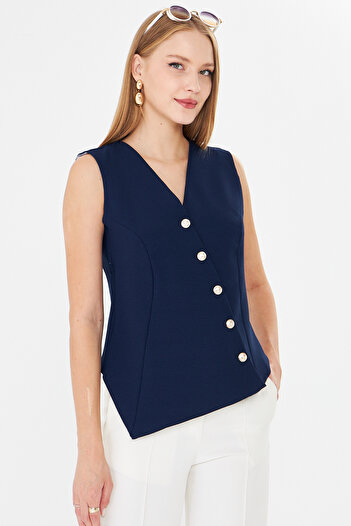 armonika Women's Navy Blue V-Neck Asymmetrical Closure Lined Vest Arm-26K001004