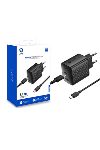 Lito Type-C Dual Wall Charger, 45W with Type-C Cable, Black, LC22T