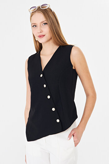 armonika Women's Black V-Neck Asymmetrical Closure Lined Vest Arm-26K001004