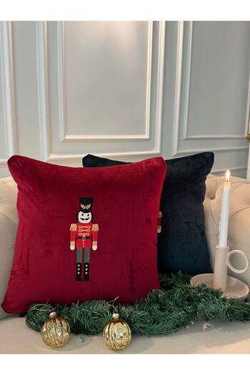 busrasdesign Lux Velvet Lead Soldier Embroidered Christmas Throw Pillow Cover Red 45X45