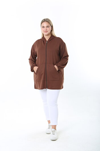 XL Modam Women's Lycra Brown Hooded Plus Size Cardigan