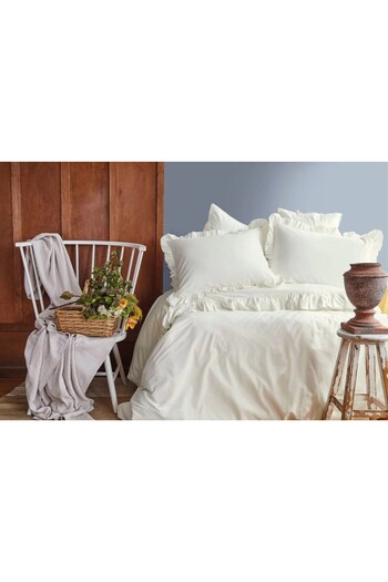 İssimo Frill Washed 100% Cotton Poplin Vanilla Double Duvet Cover Set