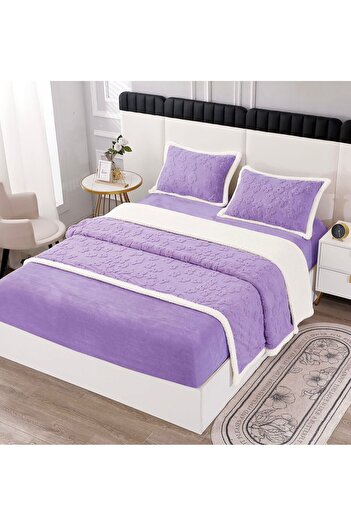 Lenjeria Pufoasa Cocolino 4-Piece Double Bed Linen, with Elastic, Knitted Fur, Purple