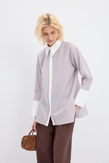 KADRİYE BAŞTÜRK Wide Cuffed Striped Shirt Mink