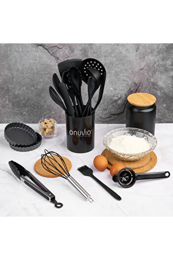 Onuvio Premium Food Grade Silicone Kitchen Utensil Set of 15, 920g, with Holder - Black