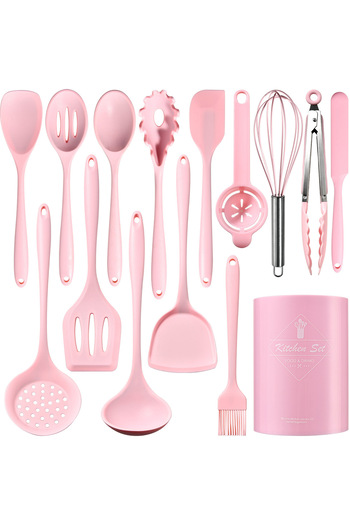 Onuvio Premium Food Grade Silicone Kitchen Utensil Set of 15, 920g, with Holder - Pink