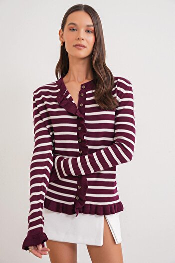 Mixray 6965 Women's Ruffle Detailed Striped Knitwear Cardigan Burgundy