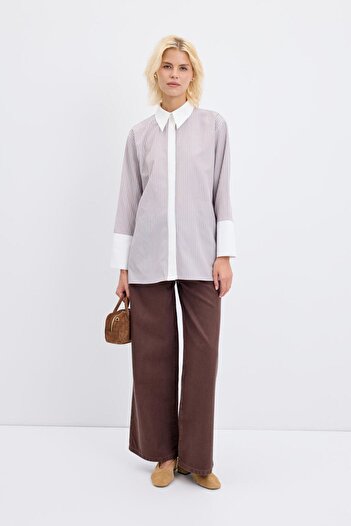 KADRİYE BAŞTÜRK Wide Cuffed Striped Shirt Mink