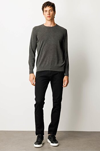 Desen Triko Men's Crew Neck Steel Knit Wool Sweater K.Füme