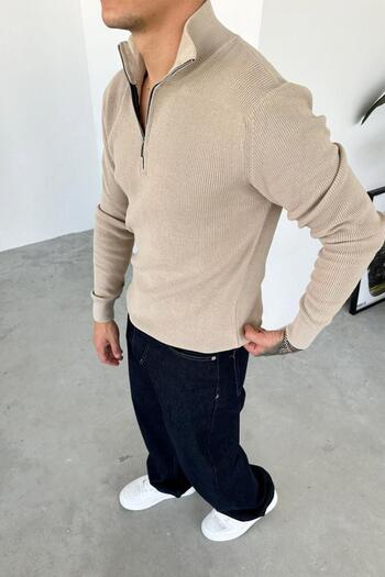 HAFKAGİYİM Stone Basic Ribbed Half-Zip Relaxed Sweater