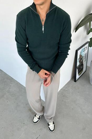 HAFKAGİYİM Petrol Basic Ribbed Half Zip Relaxed Sweater