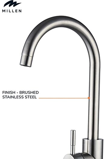 MILLEN Single Lever Kitchen Faucet with 360° Swivel, Brushed Stainless Steel - MM01BR, 1Y Warranty