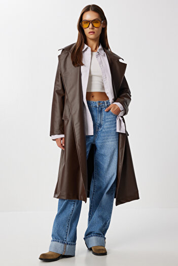 Lovelyİstanbul Belted Faux Leather Trench Coat Lgp0027 Brown