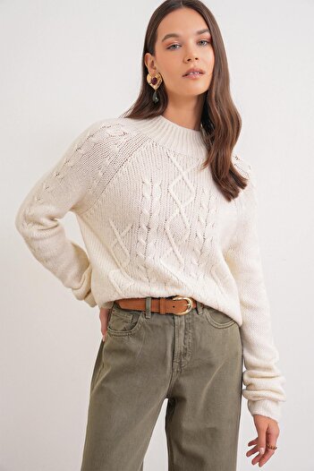 Mixray 6855 Women's Stand Collar Braided Knit Sweater Cream