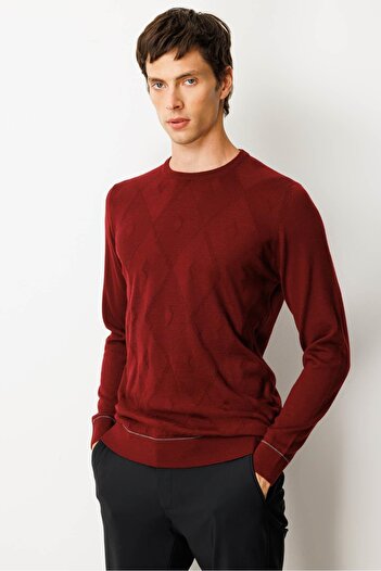 Desen Triko Men's Crew Neck Striped Argyle Wool Sweater Burgundy