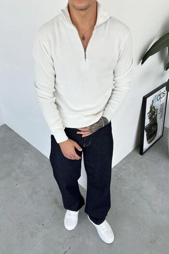 HAFKAGİYİM Ecru Basic Ribbed Half-Zip Relaxed Sweater