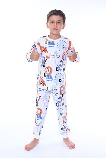 İsobel Kids Boy's Animal Patterned White Color Long Sleeve Pajama Set
