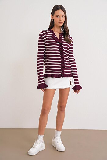 Mixray 6965 Women's Ruffle Detailed Striped Knitwear Cardigan Burgundy
