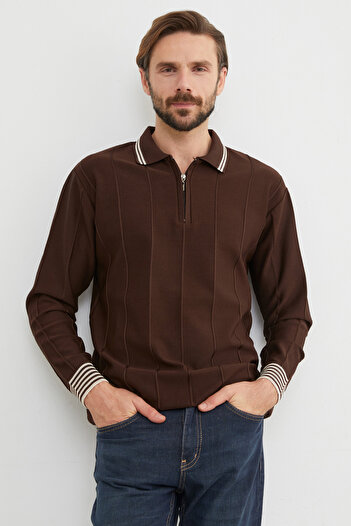 Fulla Moda Striped Polo Neck Half Zip Knitwear Bodysuit