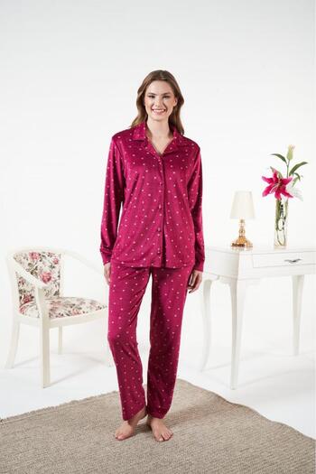 Estiva Polka Dot Buttoned Front Velvet Pajama Set