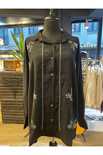 Forever Women's Stone Embroidered Cotton Long Sleeve Casual Shirt
