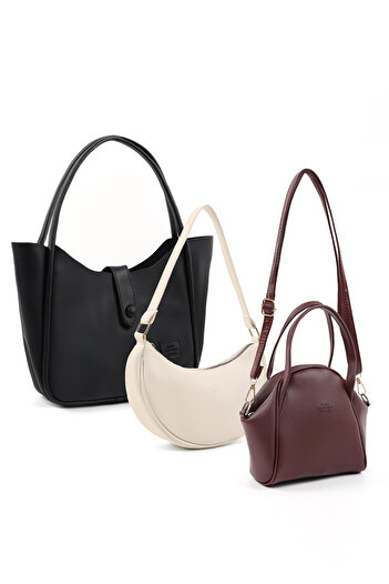 SHAKA Black /Cream /Burgundy Shk252 Faux Leather Handbag and Shoulder 3-Piece Bag Set (Shk79-Shk26-Shk132)