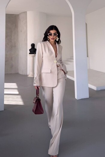 AKD Atelier Women's Two-Piece Suit Stylish Button Detail Stand Collar Blazer Jacket Wide Leg Pants Set
