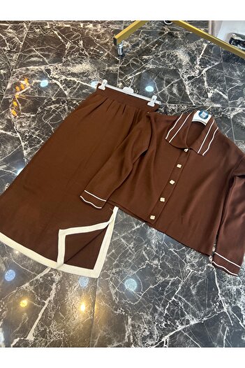MY QILAM Women's Hijab Top and Bottom Set Striped Shirt Collar Cardigan with Skirt Knitwear Set Brown