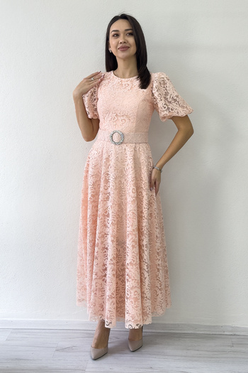 the ZKS Women's Balloon Sleeve Maxi Length Belted Lace Dress Black, Saks, Powder, Purple, Navy Blue, Red, Rose K., Fuchsia