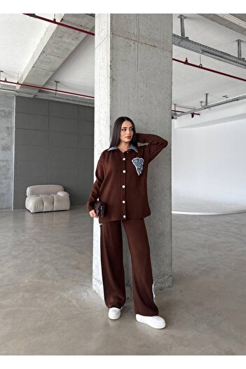 mafdress Women's Brown Pearl Detail Knitwear Set