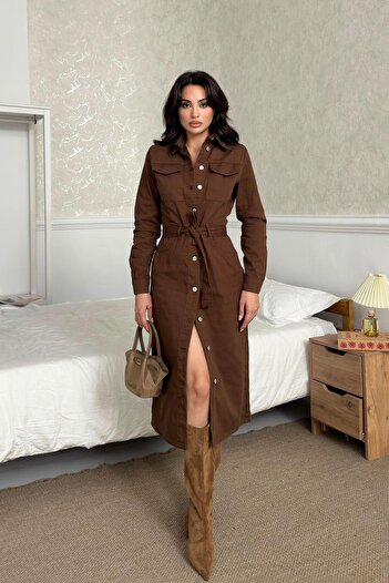 Serica Moda Brown Belted Slit Denim Dress