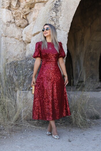 bytugcekaya Burgundy Balloon Sleeve Sequin Dress