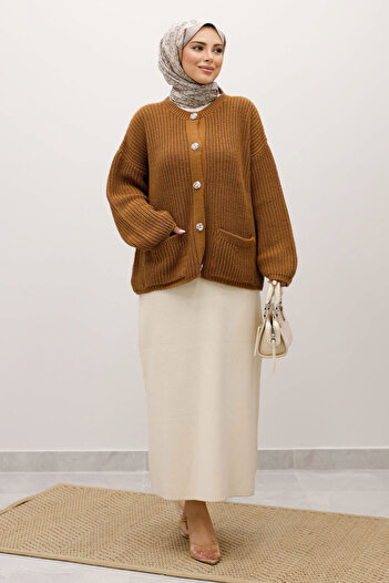 Tesettür Dünyası Soft Textured Buttoned Knitwear Cardigan Tsd250223 Tan