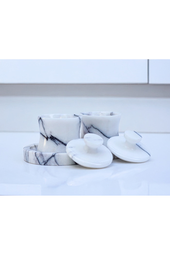 marbelix Venia - Set of 2 Marble Special Design Spice Jars - Tray Included - Handcrafted Marble Jar Set