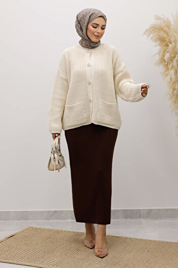 Tesettür Dünyası Soft Textured Buttoned Knitwear Cardigan Tsd250223 Beige
