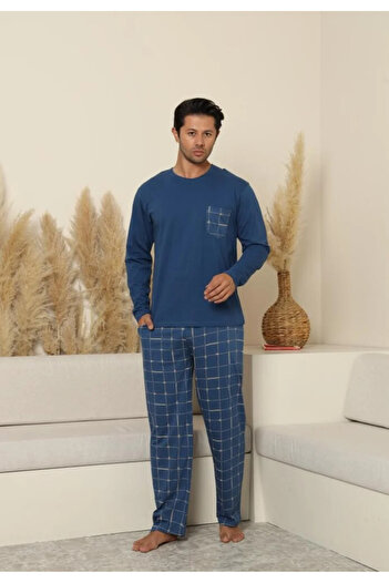 BOYRAZ Men's Blue Pajamas with Long Sleeve and Long Pants with Pockets