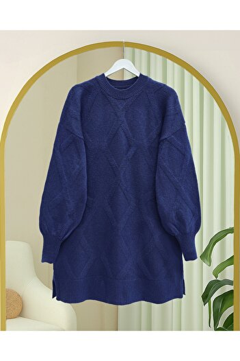 Modamorfo Baklava Patterned Soft Knit Tunic - Navy