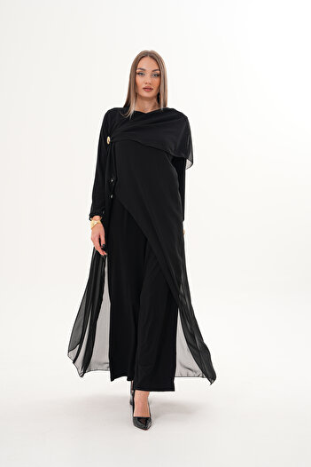 AYASOFYA OTANTIK Women's Black Asymmetrical Waist Part Elastic Full Lycra Tulle Detail Oversize Loose Pants Jumpsuit Dress