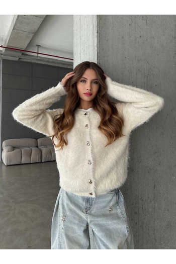 Lusin Women's Heart Button Detailed Soft Textured Premium Quality Knitwear Cardigan
